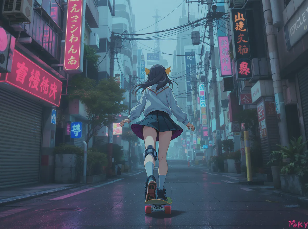Anime video input image of a girl skating through a neon alley