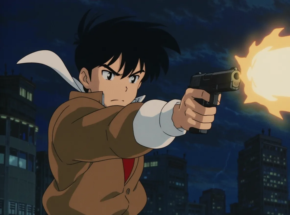 Anime video input image of a boy in a night action scene
