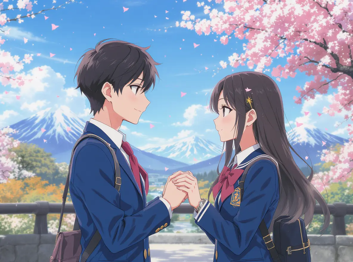 Anime video input image of an anime couple under cherry blossoms