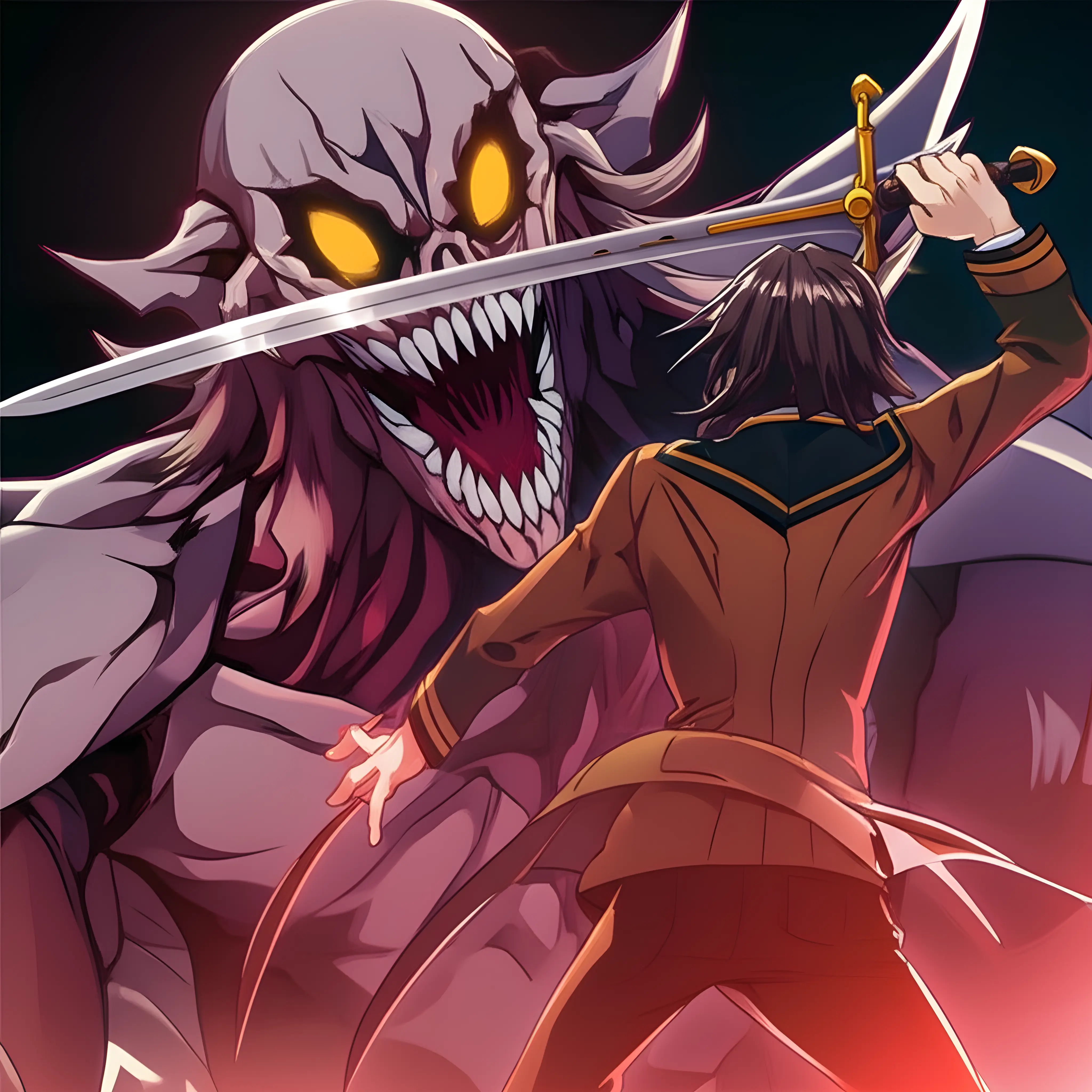 Anime video input image of a warrior facing a giant monster