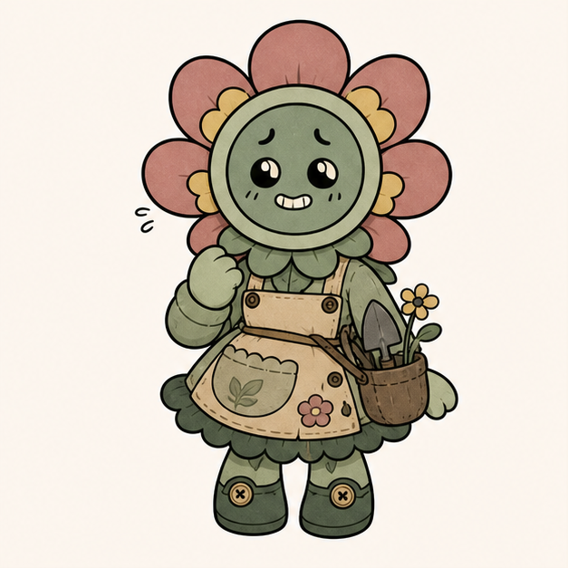 dandy's world oc maker example showing an original 2D toon OC with a flower-button head and garden helper role.