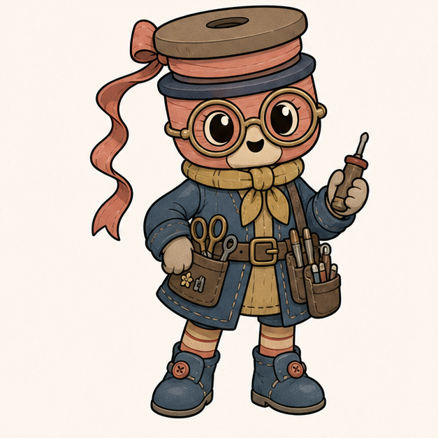 dandy's world oc maker example showing an original 2D toon OC with a ribbon-spool head and inventor role.