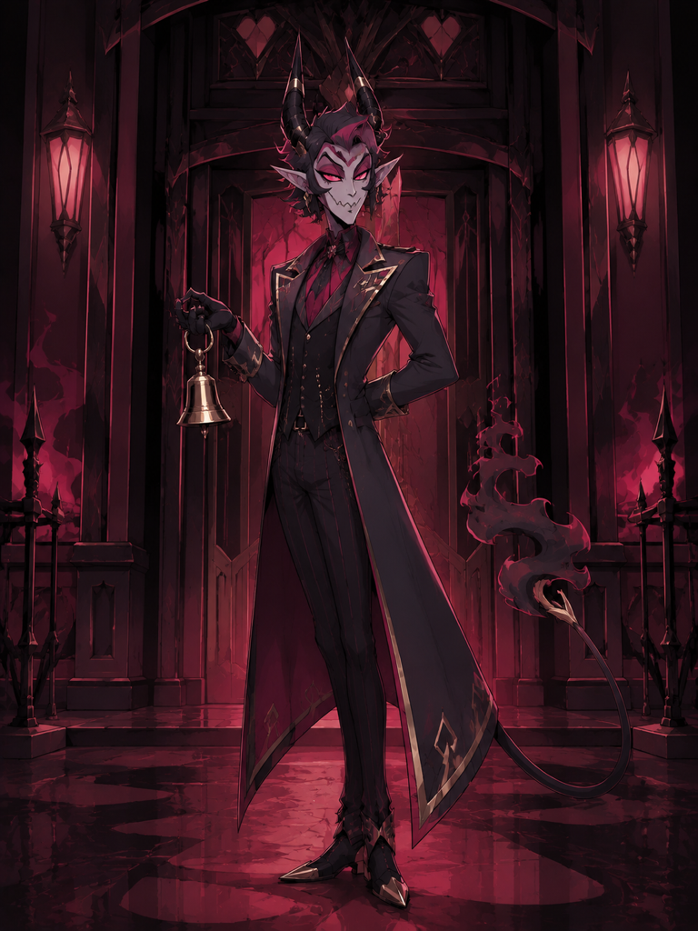 hazbin hotel oc maker example showing an original adult hotel doorman demon OC with a bell accessory