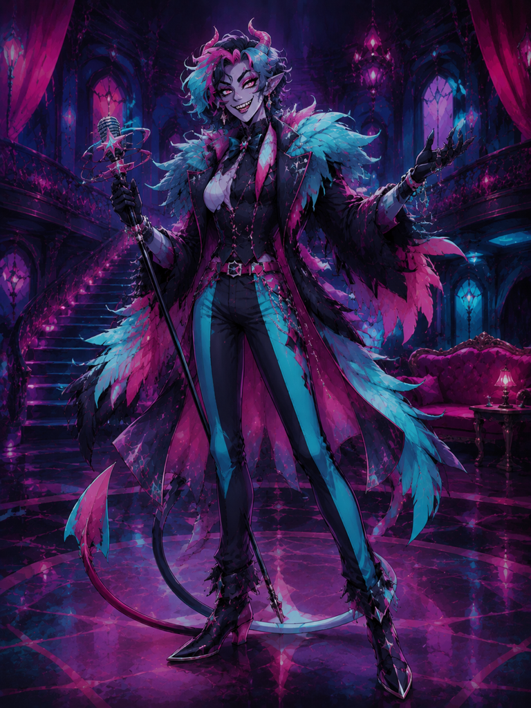 hazbin hotel oc maker example showing an original adult lobby singer demon OC with neon colors and a microphone cane