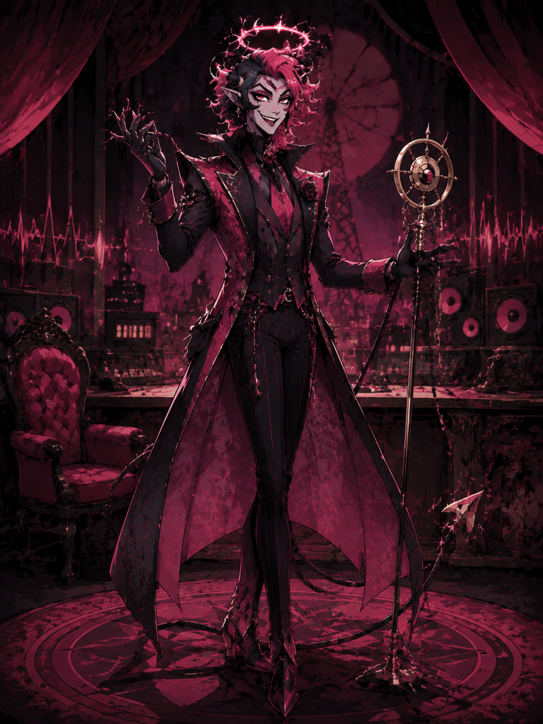 hazbin hotel oc maker example showing an original adult infernal radio producer OC with rose-black suit details