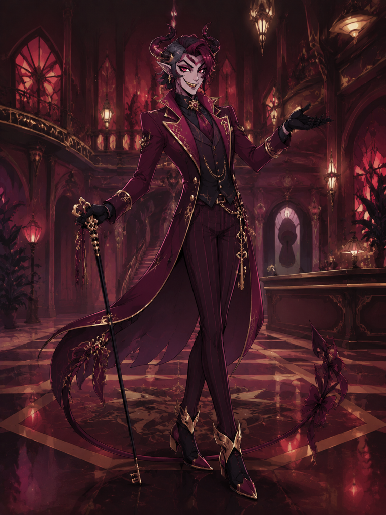 hazbin hotel oc maker example showing an original adult infernal hotel host OC with a burgundy suit and key motif