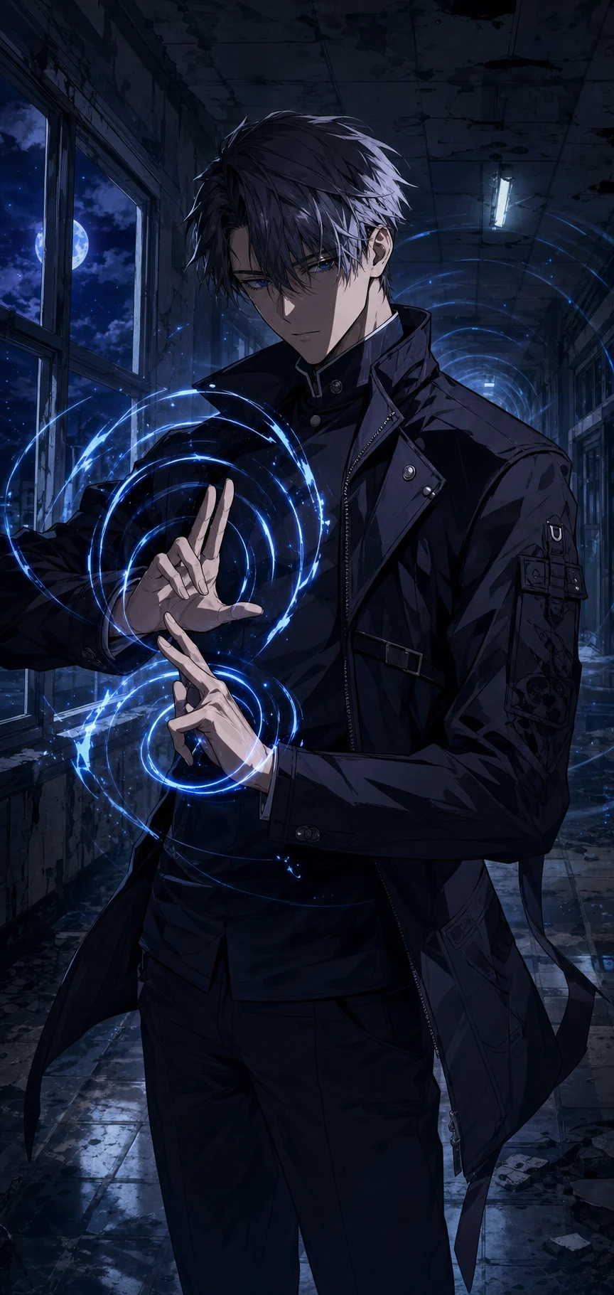 JJK OC Maker example showing an original cursed technique user with moonlit blue energy rings and strategist styling.