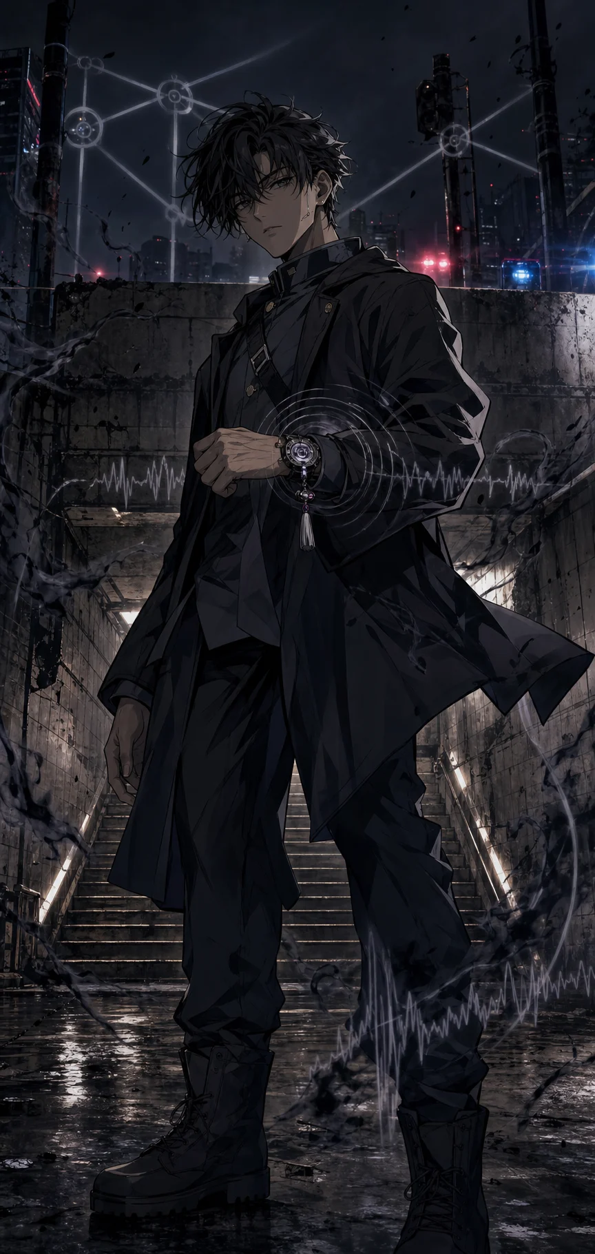JJK OC Maker example showing an original exorcist OC with shadow-gray cursed energy and relay motif details.