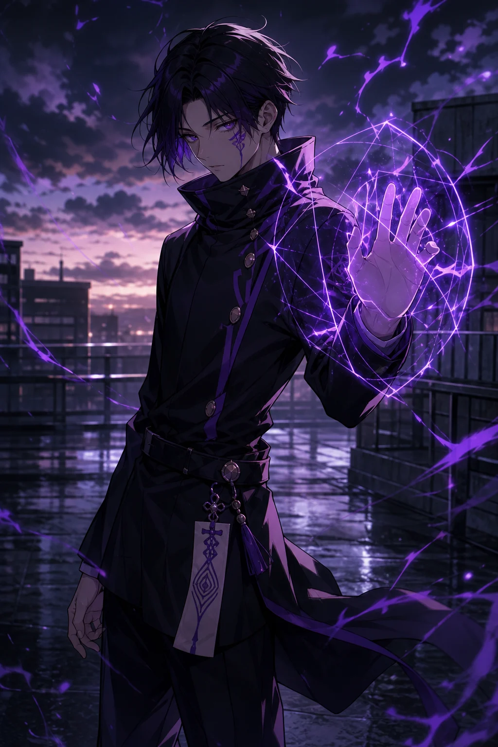 JJK OC Maker example showing an original anime sorcerer student with violet cursed energy and a defensive barrier role.