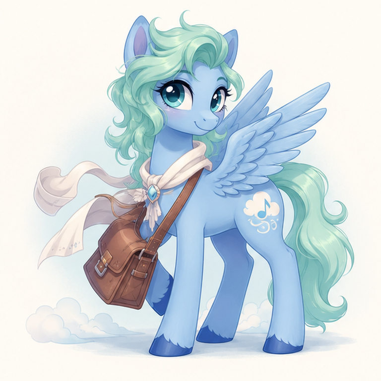 mlp oc maker example showing an original sky-blue pegasus messenger OC with a mint mane and cloud-song emblem