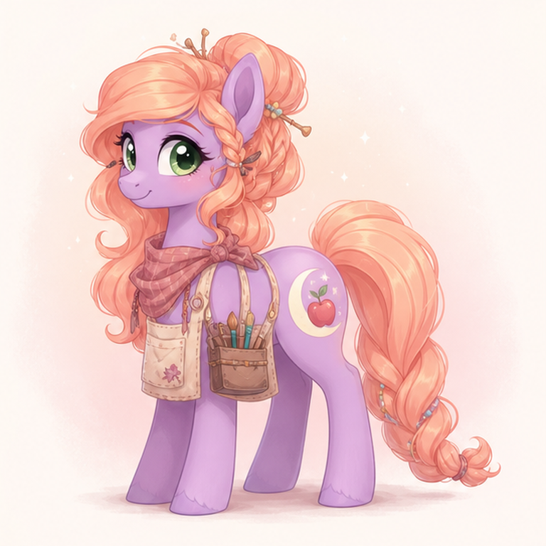 mlp oc maker example showing an original lavender earth pony artisan OC with a moon apple emblem