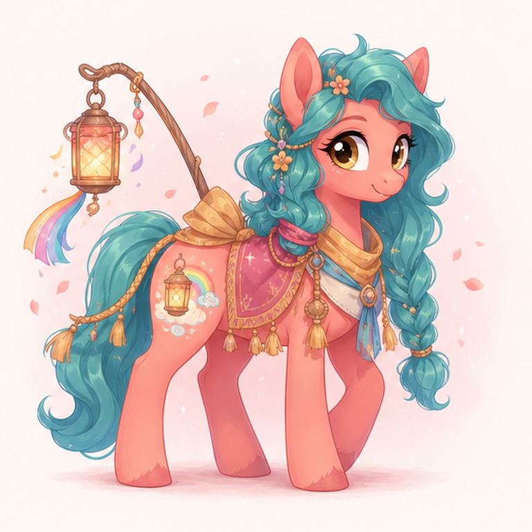 mlp oc maker example showing an original coral pony festival guide OC with a lantern rainbow emblem