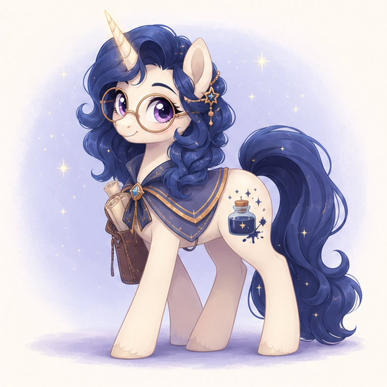 mlp oc maker example showing an original unicorn scholar OC with indigo mane and star ink emblem