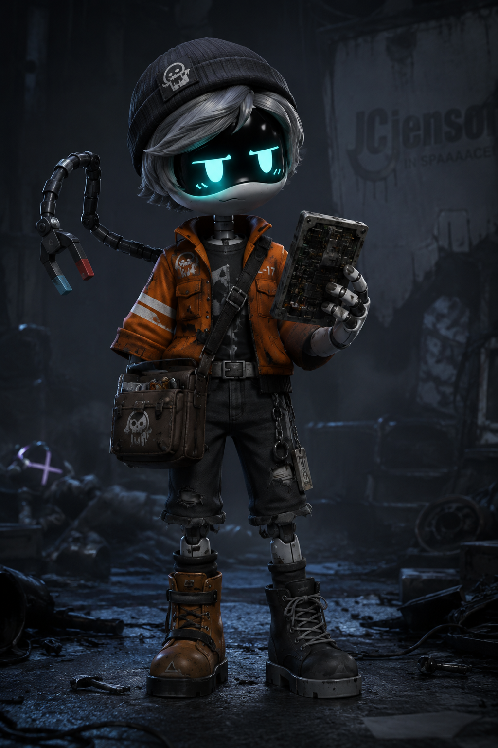 murder drones oc maker example of Cinder-04, an original teal-visor worker drone salvage mechanic with a magnetic repair arm