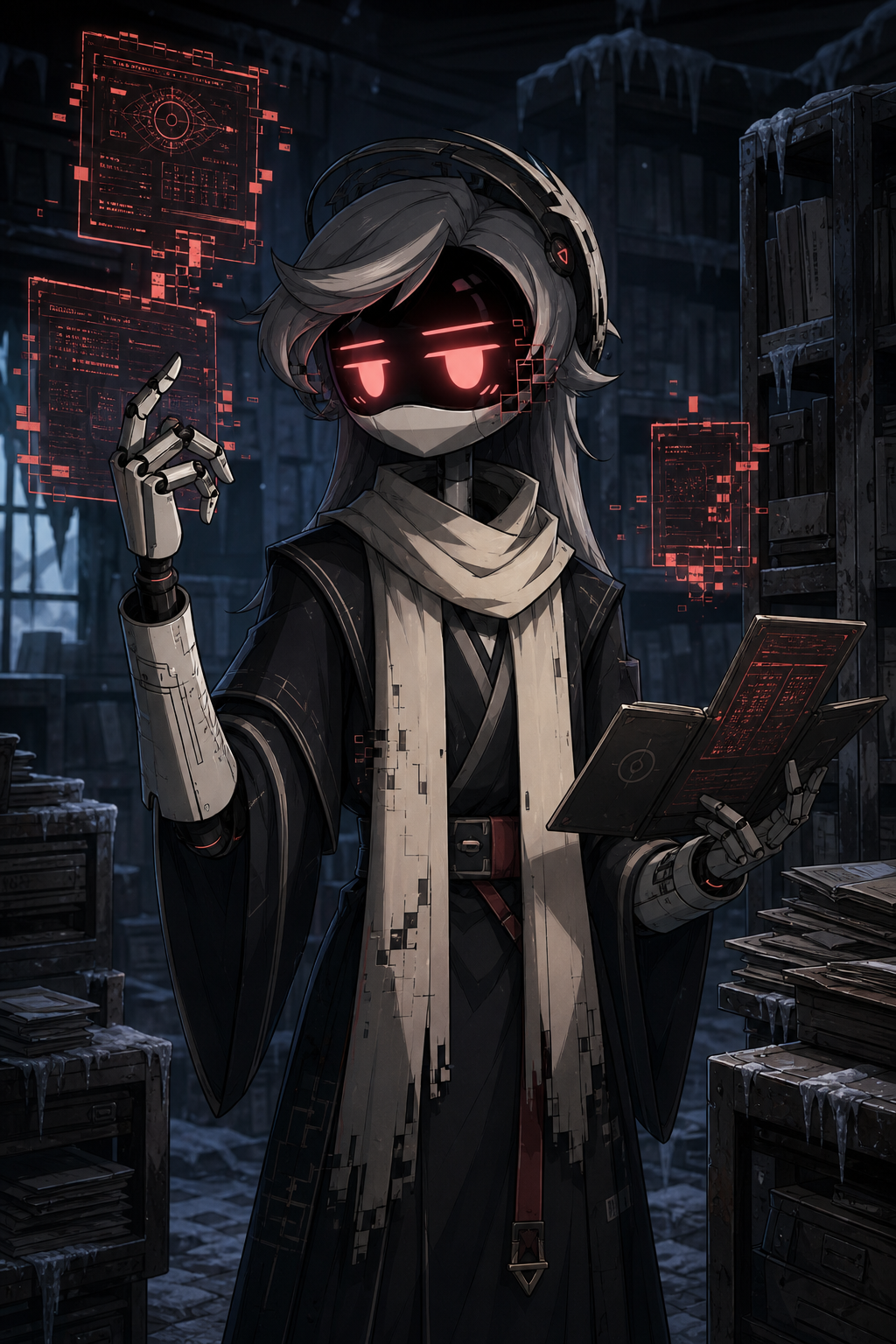 murder drones oc maker example of Oriole-12, an original coral-visor archive drone with subtle geometric glitch effects