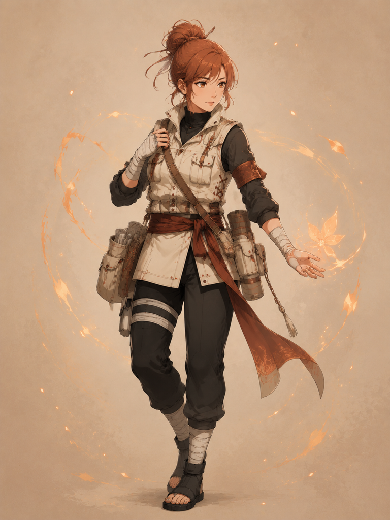 naruto oc maker example showing an original medic ninja OC with ember seal details and a utility vest