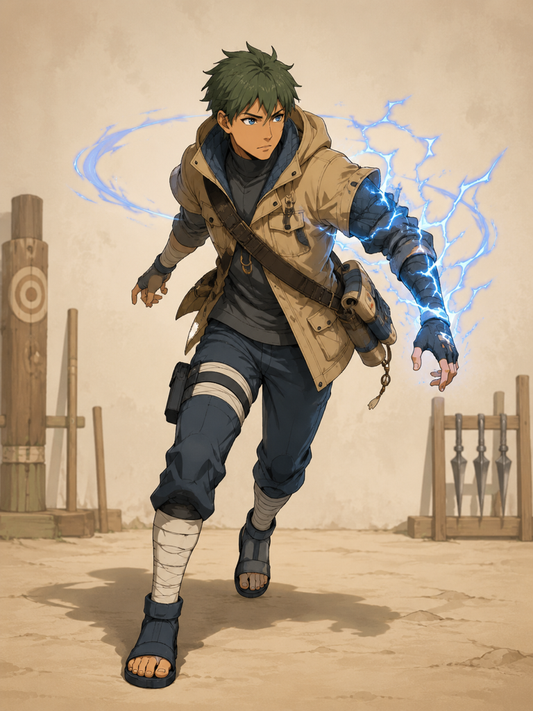 naruto oc maker example showing an original shinobi scout OC with storm-blue chakra and a tan field jacket