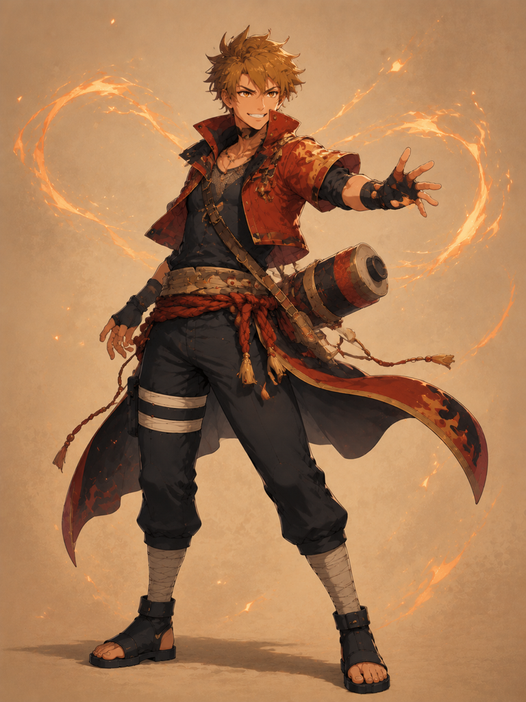 naruto oc maker example showing an original rival ninja OC with orange chakra accents and a scroll case