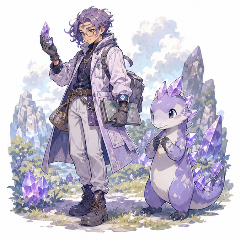 pokemon oc maker example showing an original field researcher OC with a crystal charm and lizard-like partner creature