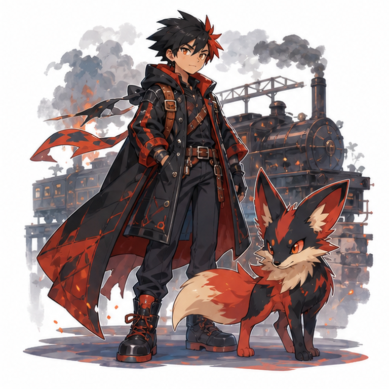 pokemon oc maker example showing an original rival trainer OC with ember accents and a fox-like partner creature
