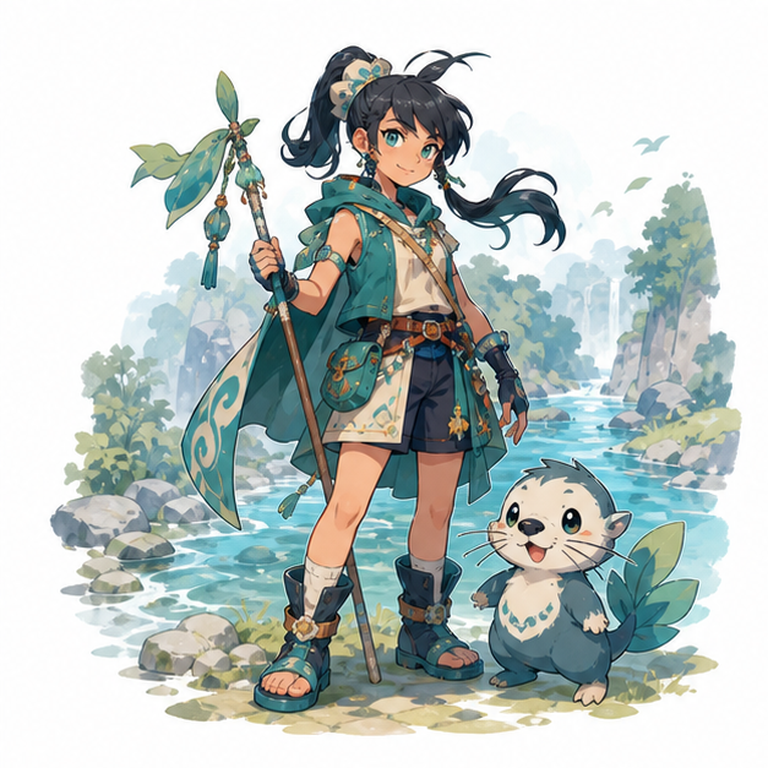 pokemon oc maker example showing an original teal trainer OC with an otter-like partner creature