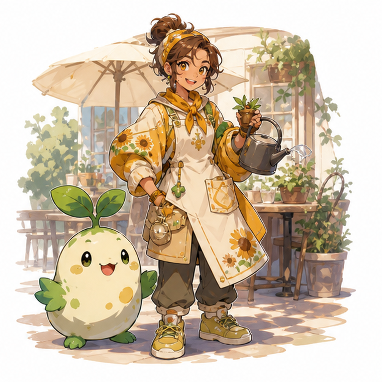pokemon oc maker example showing an original breeder OC with a sunny apron and seedling partner creature