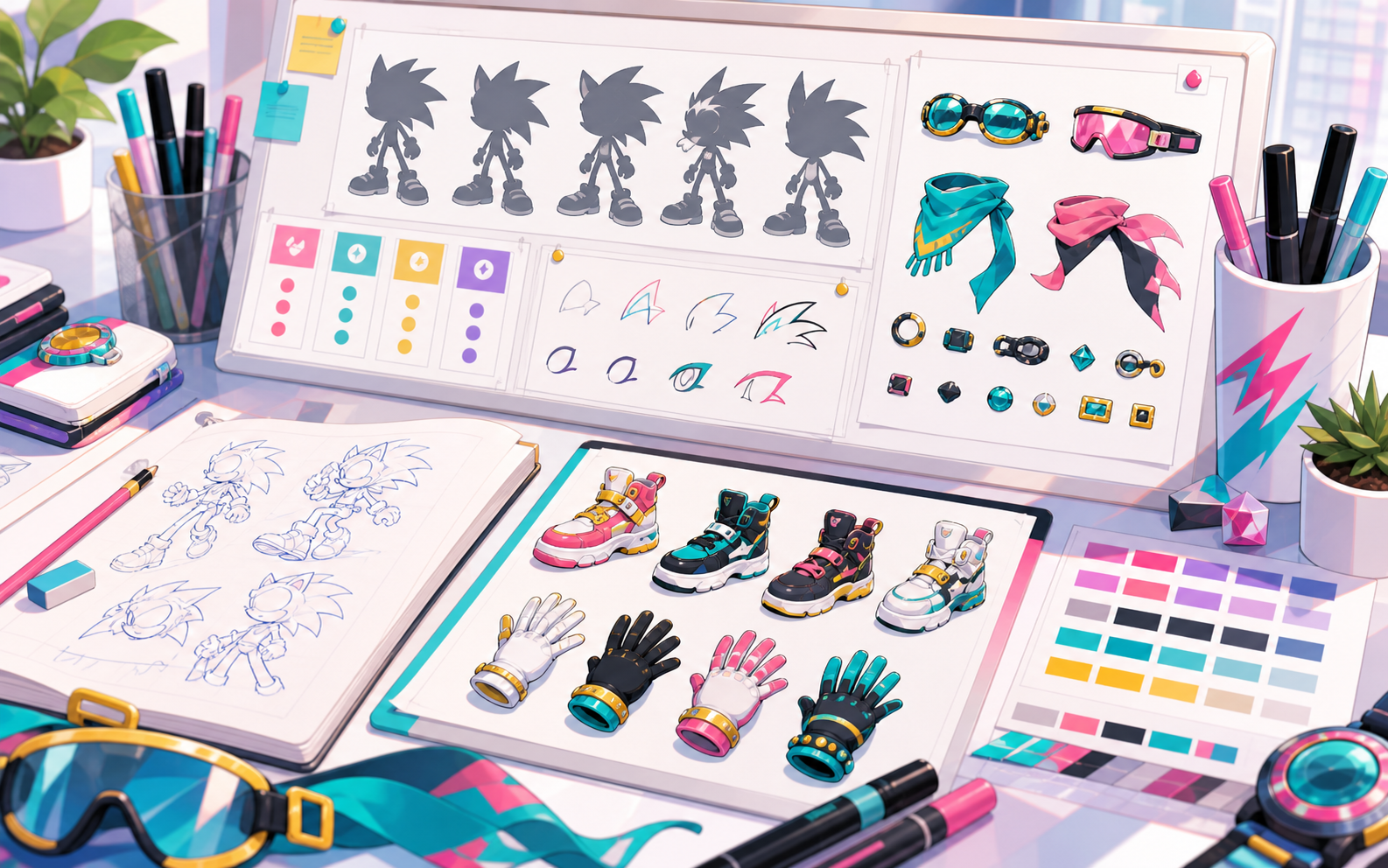 Design board showing species inspiration, palette, shoes, gloves, and accessories for a Sonic-style OC.