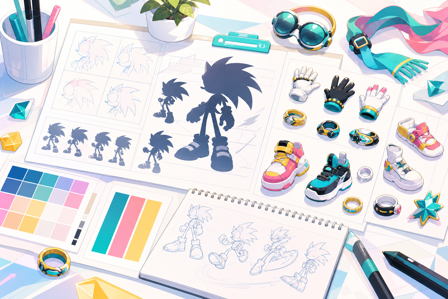 Prompt design board showing role, silhouette, palette, shoes, gloves, and accessory choices for Sonic OC Maker.