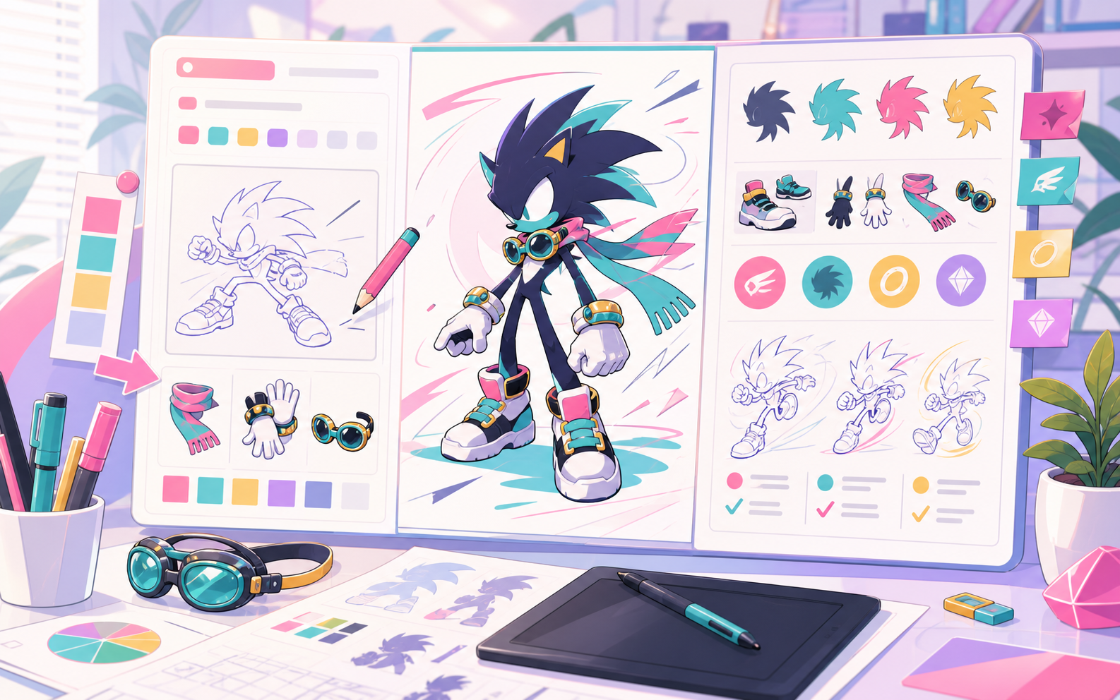 Visual workflow from Sonic OC Maker prompt decisions to character concept review.