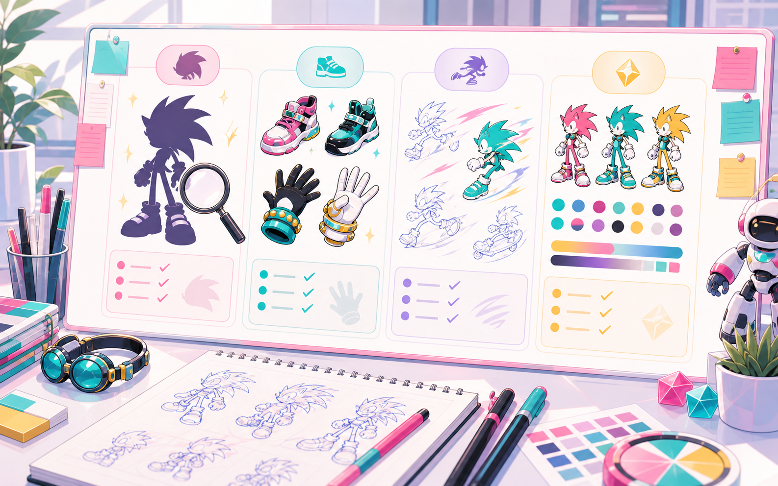 Visual checklist for silhouette, footwear, pose, and original identity in Sonic OC Maker results.