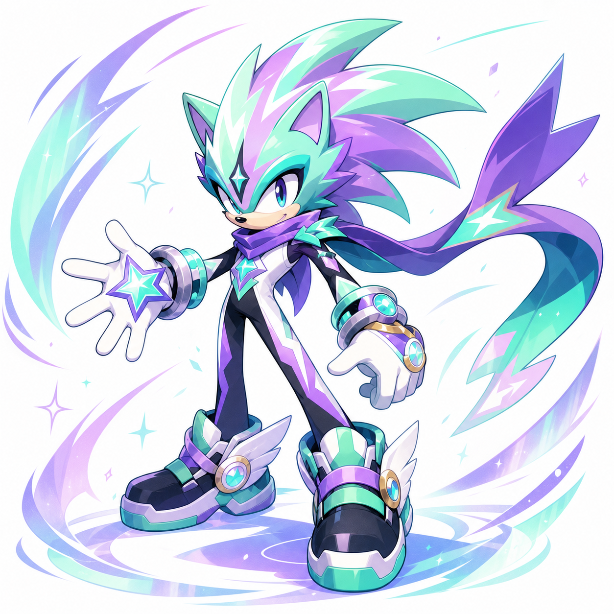 Aurora speed guardian Sonic OC Maker style direction with mint-purple contrast.