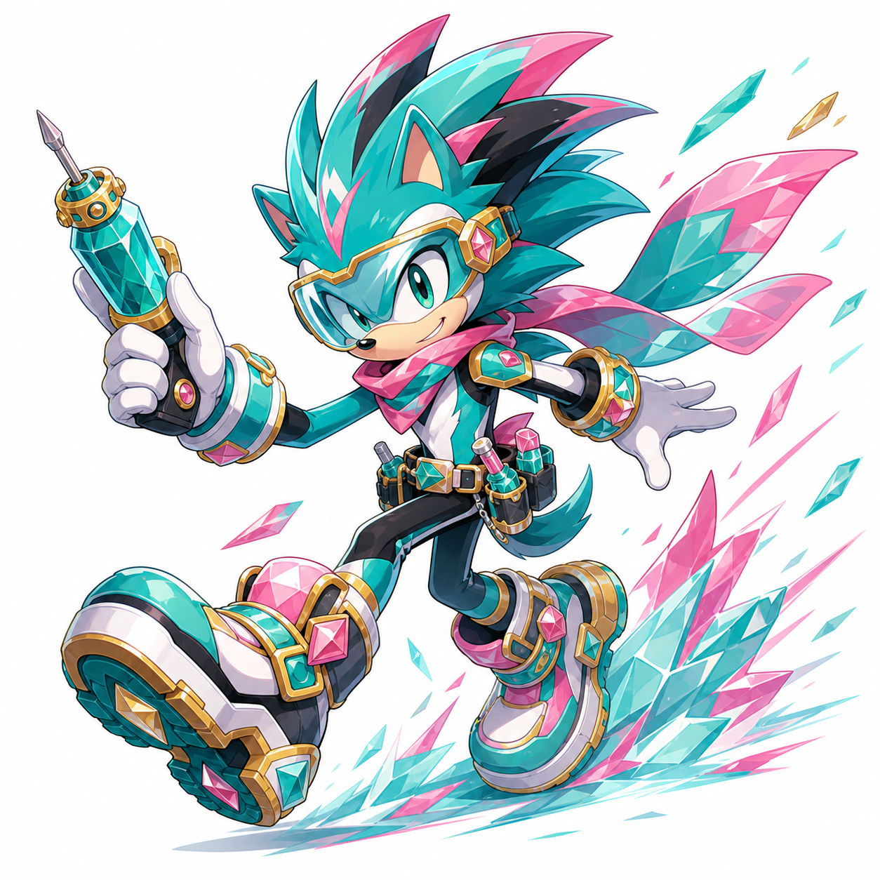 Crystal dash inventor Sonic OC Maker style direction with goggles and gem-powered shoes.