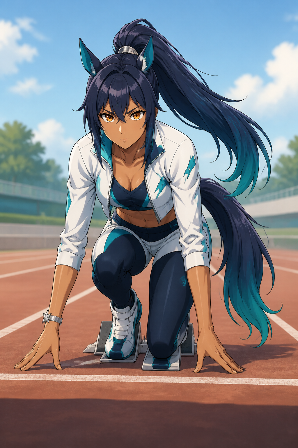 uma musume oc maker 原创示例 Azure Comet, an original navy-and-teal horse girl sprinter in a full-body starting pose