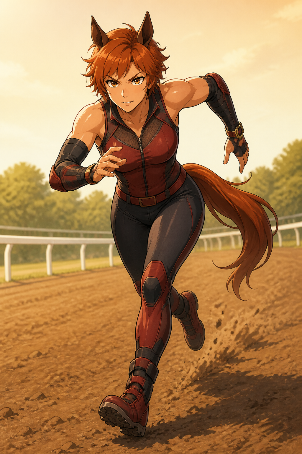 uma musume oc maker 原创示例 Ember Hoof, an original copper-haired horse girl powering through a dirt-track sprint