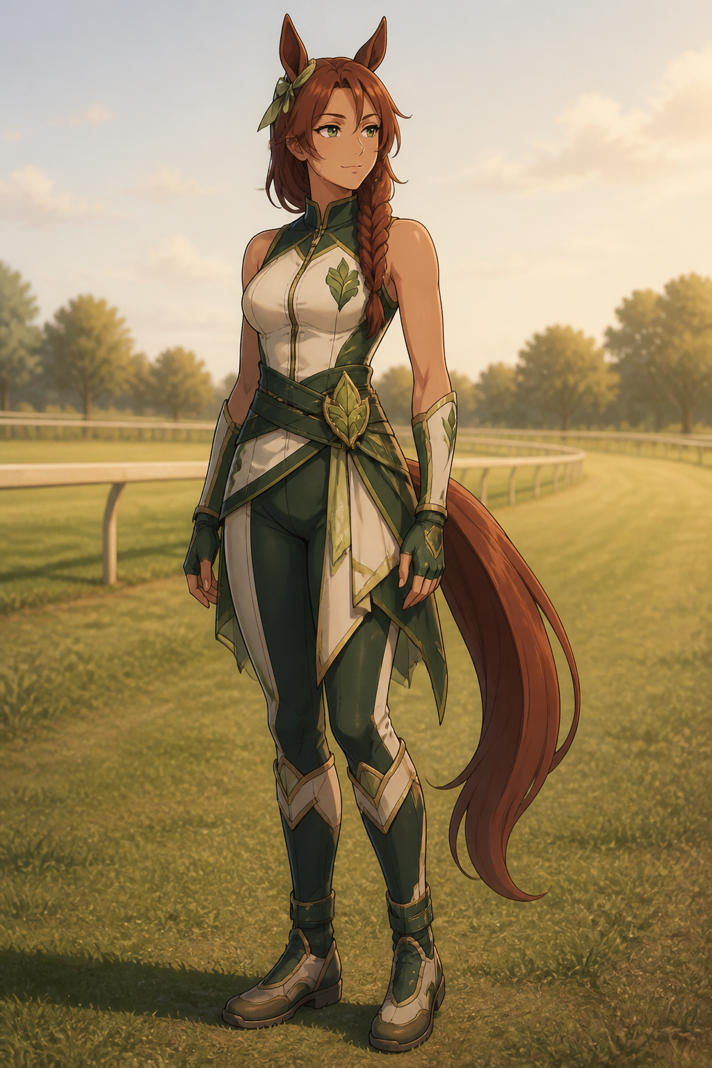 uma musume oc maker 原创示例 Meadow Aria, an original chestnut horse girl stayer in green endurance racewear