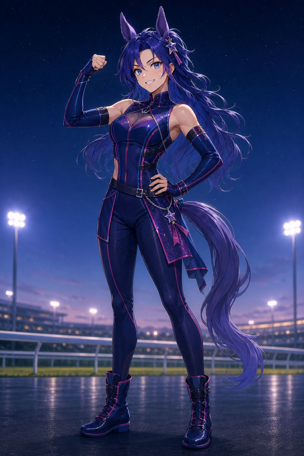 uma musume oc maker 原创示例 Nova Encore, an original indigo horse girl night racer in a stage-ready victory pose